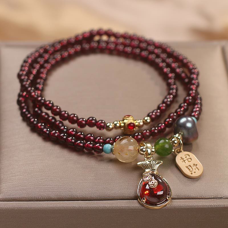 Braccialetto di protezione della ricchezza con monete di granato naturale multistrato in Buddha Stones giada