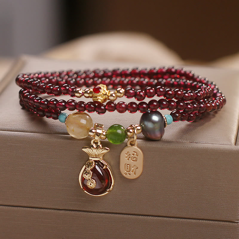 Braccialetto di protezione della ricchezza con monete di granato naturale multistrato in Buddha Stones giada