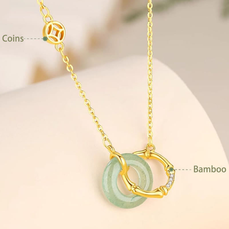 Buddha Stones 925 Sterling Silver Natural Green Aventurina Peace Buckle Bamboo Coin Prosperity Necklace Pendant