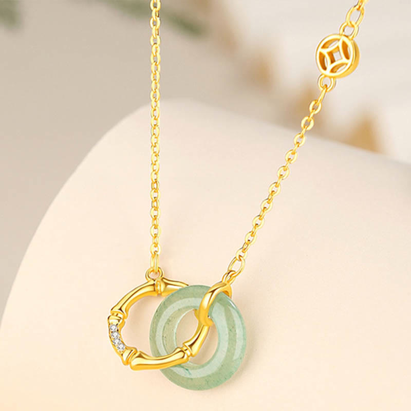 Buddha Stones 925 Sterling Silver Natural Green Aventurina Peace Buckle Bamboo Coin Prosperity Necklace Pendant