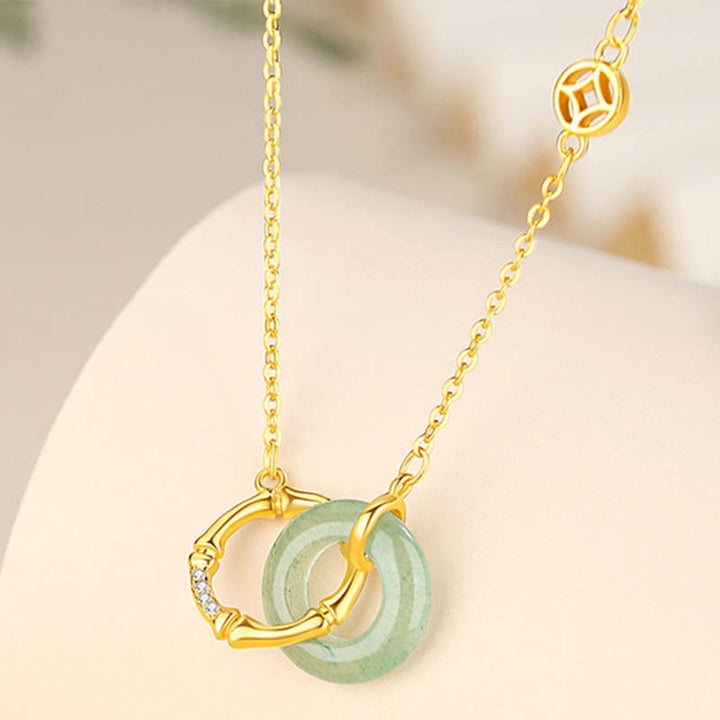 Buddha Stones 925 Sterling Silver Natural Green Aventurina Peace Buckle Bamboo Coin Prosperity Necklace Pendant