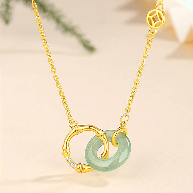 Buddha Stones 925 Sterling Silver Natural Green Aventurina Peace Buckle Bamboo Coin Prosperity Necklace Pendant