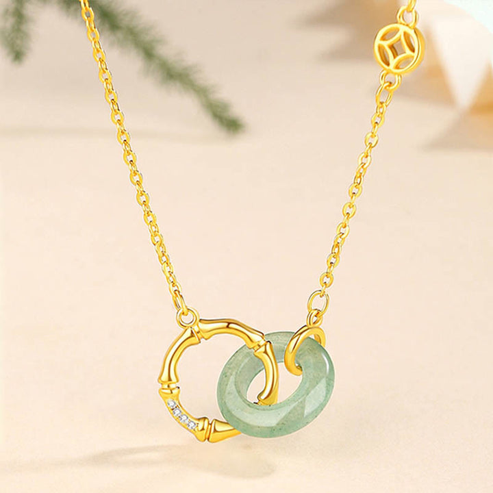 Buddha Stones 925 Sterling Silver Natural Green Aventurina Peace Buckle Bamboo Coin Prosperity Necklace Pendant