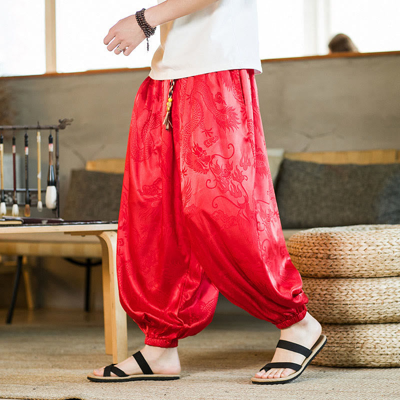 Pantaloni harem larghi da uomo con tasche e motivo a drago con Buddha Stones