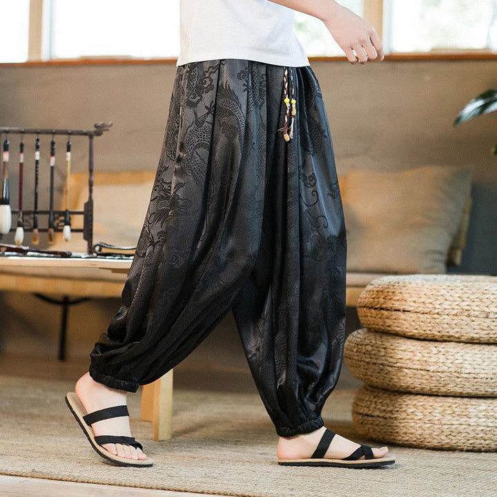 Pantaloni harem larghi da uomo con tasche e motivo a drago con Buddha Stones