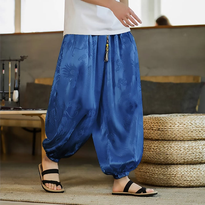 Pantaloni harem larghi da uomo con tasche e motivo a drago con Buddha Stones
