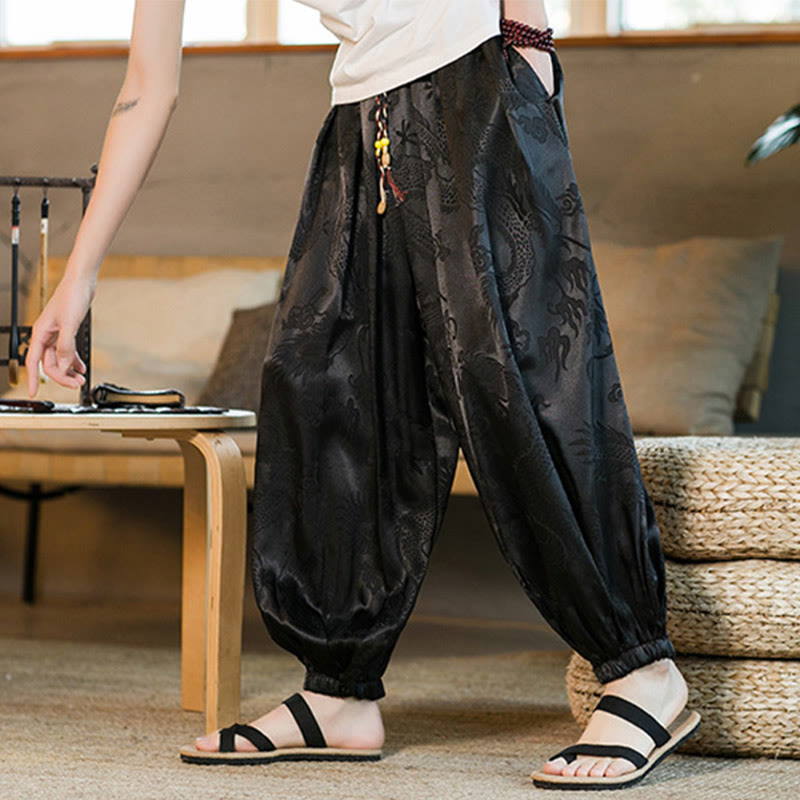 Pantaloni harem larghi da uomo con tasche e motivo a drago con Buddha Stones