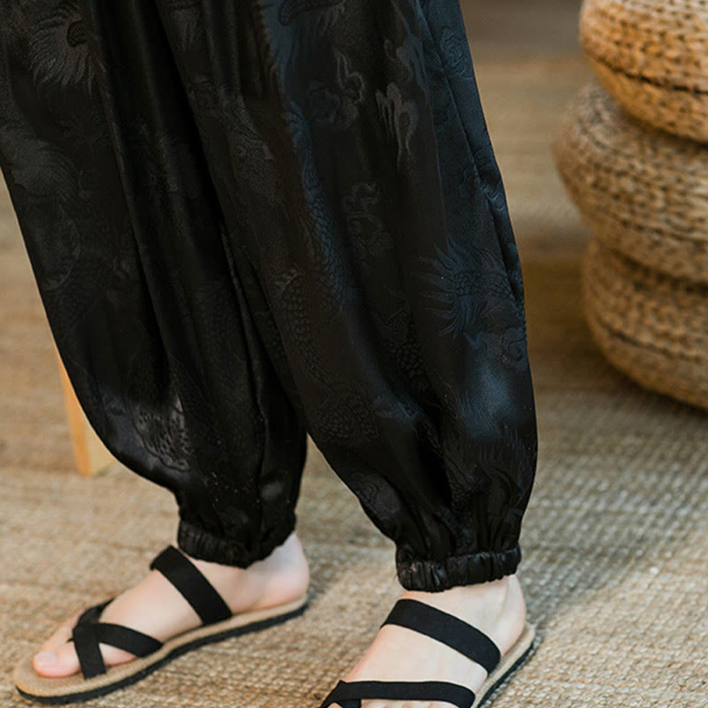 Pantaloni harem larghi da uomo con tasche e motivo a drago con Buddha Stones