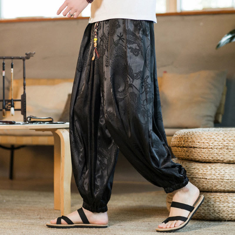 Pantaloni harem larghi da uomo con tasche e motivo a drago con Buddha Stones