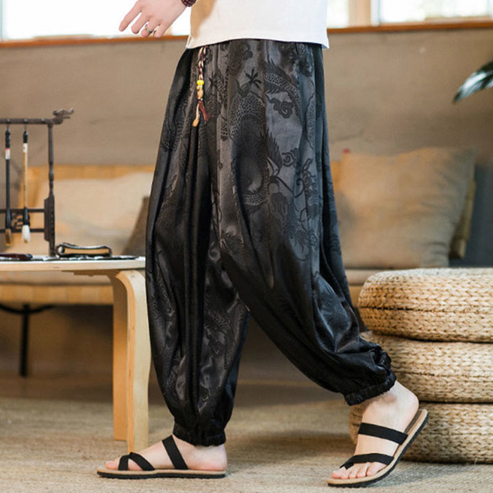 Pantaloni harem larghi da uomo con tasche e motivo a drago con Buddha Stones