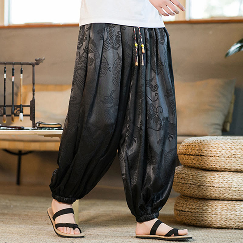 Pantaloni harem larghi da uomo con tasche e motivo a drago con Buddha Stones