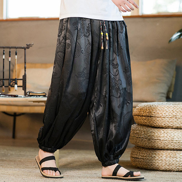 Pantaloni harem larghi da uomo con tasche e motivo a drago con Buddha Stones