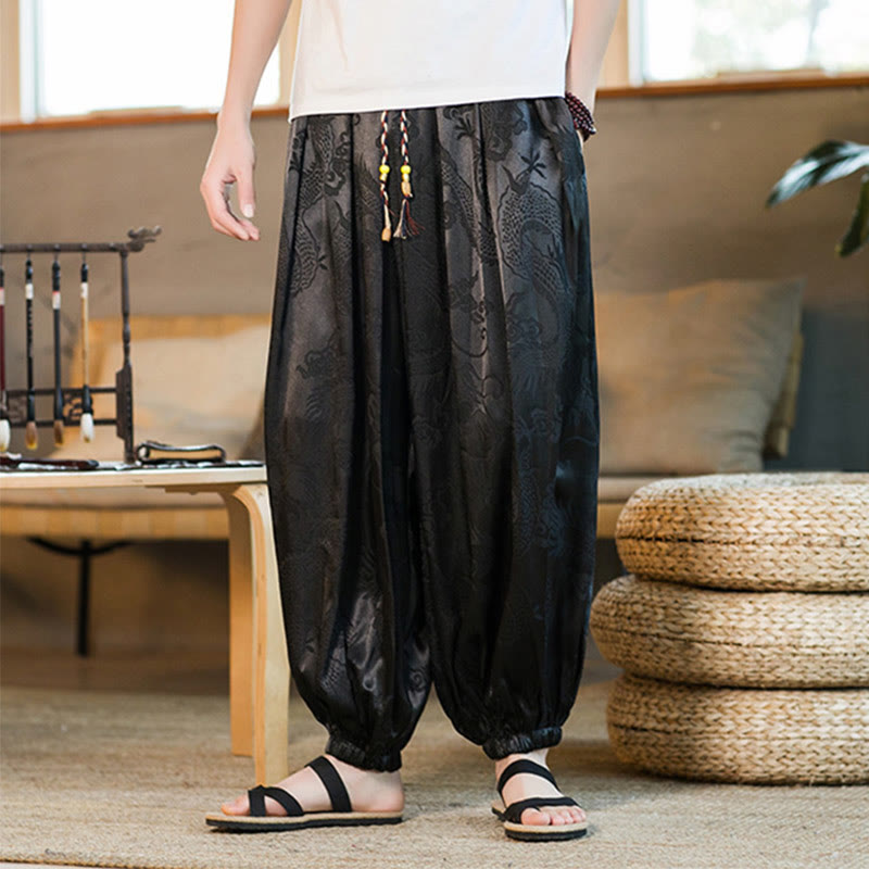 Pantaloni harem larghi da uomo con tasche e motivo a drago con Buddha Stones