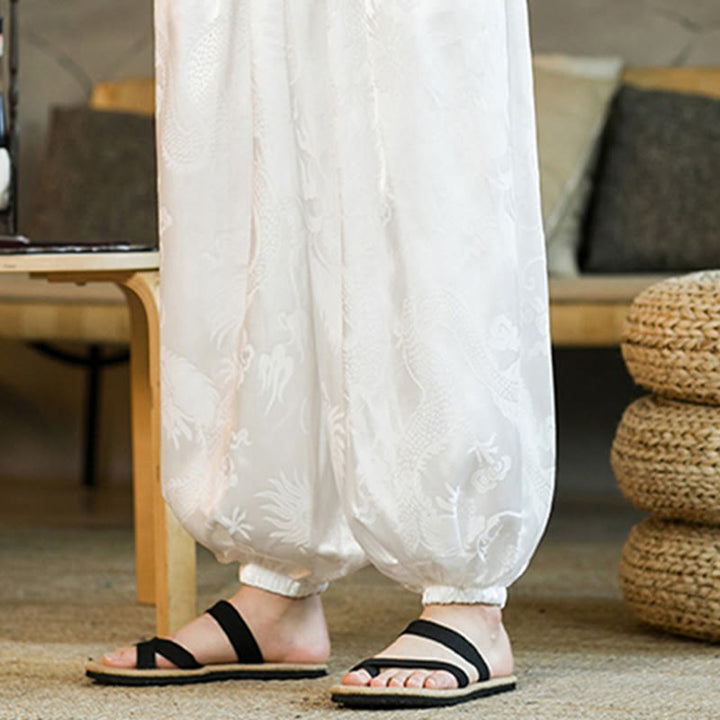 Pantaloni harem larghi da uomo con tasche e motivo a drago con Buddha Stones