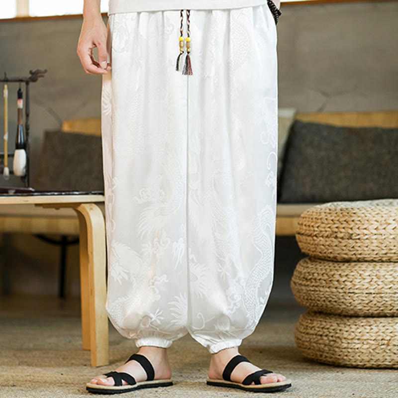 Pantaloni harem larghi da uomo con tasche e motivo a drago con Buddha Stones
