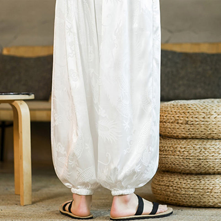 Pantaloni harem larghi da uomo con tasche e motivo a drago con Buddha Stones