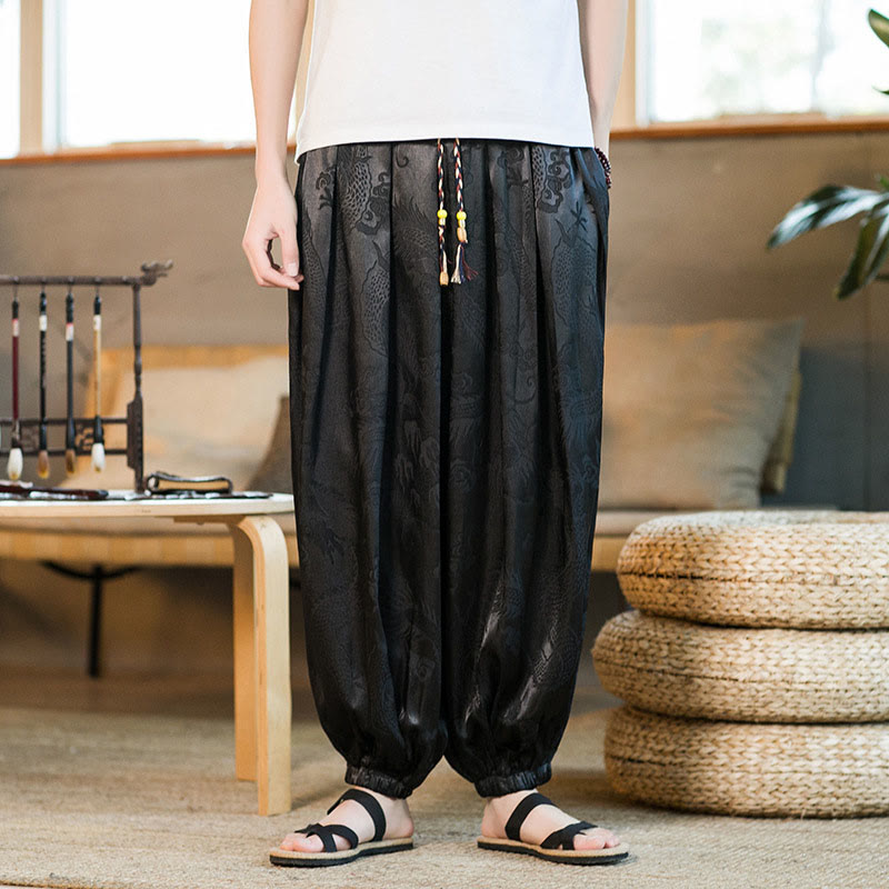 Pantaloni harem larghi da uomo con tasche e motivo a drago con Buddha Stones