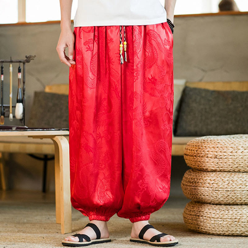 Pantaloni harem larghi da uomo con tasche e motivo a drago con Buddha Stones