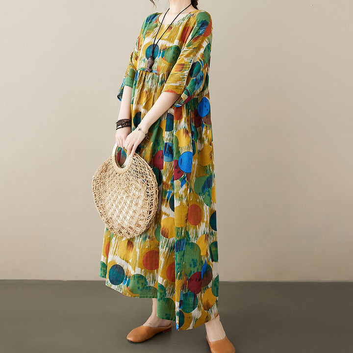 Abito midi a pois colorati, in cotone, con maniche a mezza manica, con tasche, in Buddha Stones, arancione e verde - Verde (solo vestito) - F (Busto 142 cm/Orlo 130 cm/Lunghezza 120 cm) - image 11
