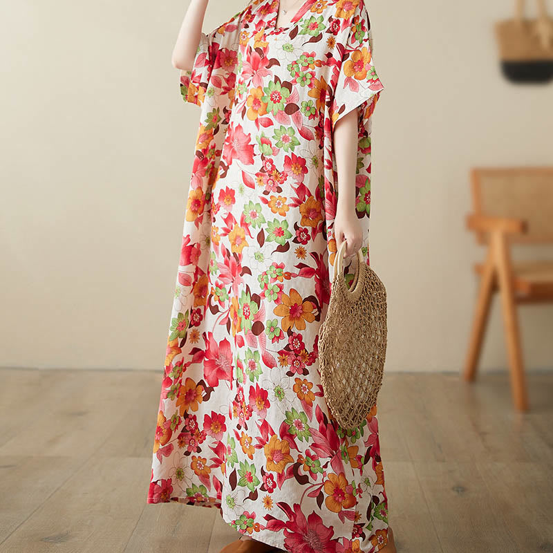 Abito midi in cotone con maniche a mezza manica e tasche, con fiori rossi, blu e verdi , Buddha Stones