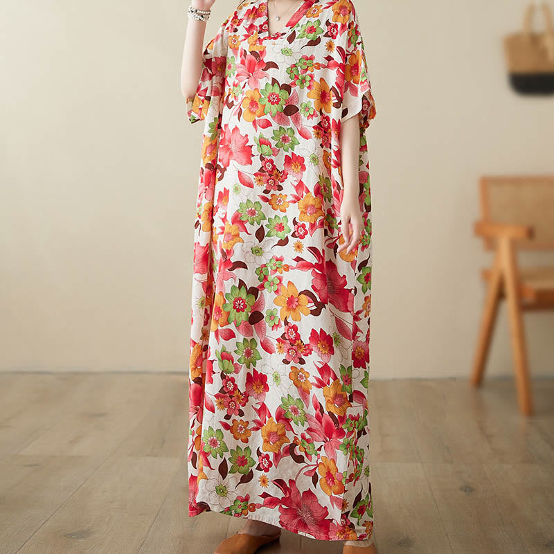 Abito midi in cotone con maniche a mezza manica e tasche, con fiori rossi, blu e verdi , Buddha Stones