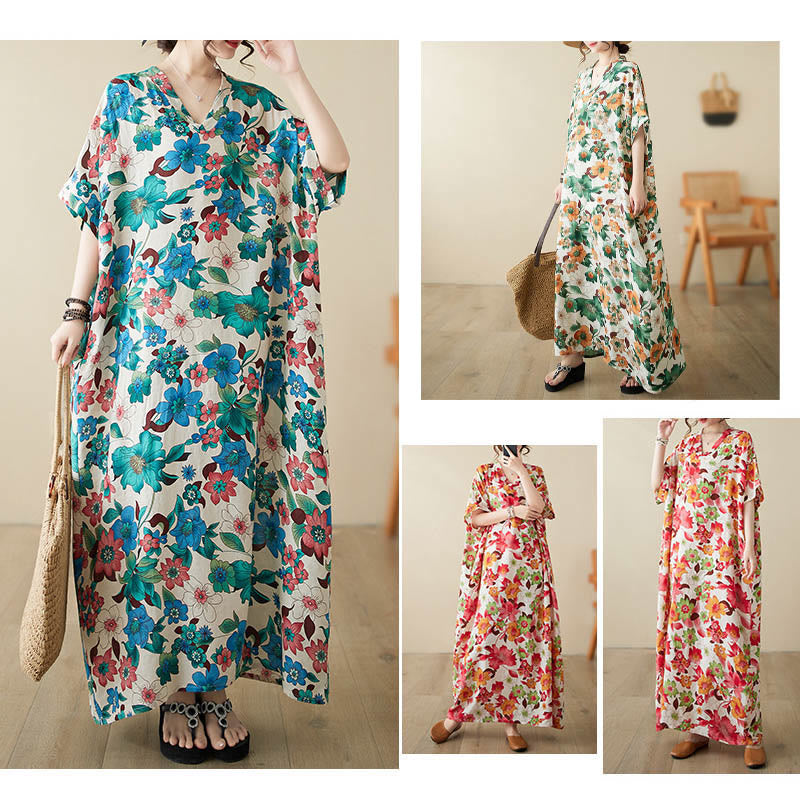 Abito midi in cotone con maniche a mezza manica e tasche, con fiori rossi, blu e verdi , Buddha Stones