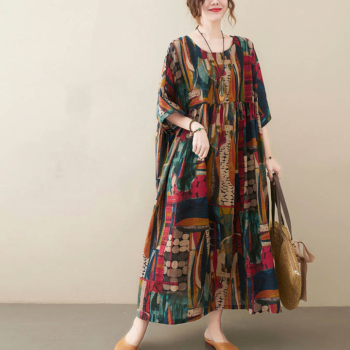 Vestito midi con grafica colorata Buddha Stones , tunica in cotone a mezza manica con tasche - image 1