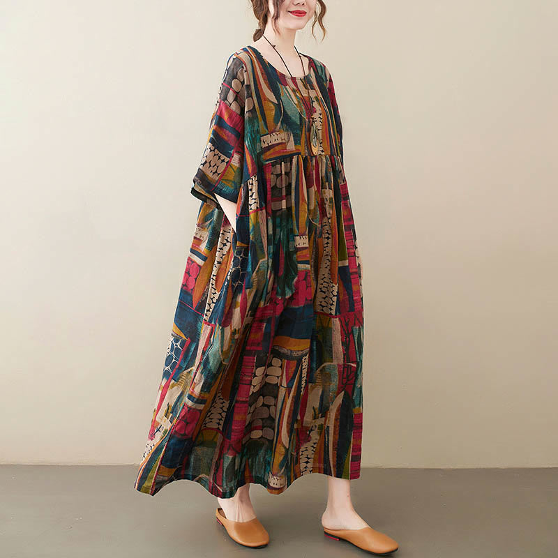 Vestito midi con grafica colorata Buddha Stones , tunica in cotone a mezza manica con tasche - Colore (solo abito) (Busto 142 cm/Orlo 130 cm/Lunghezza 120 cm) - image 0