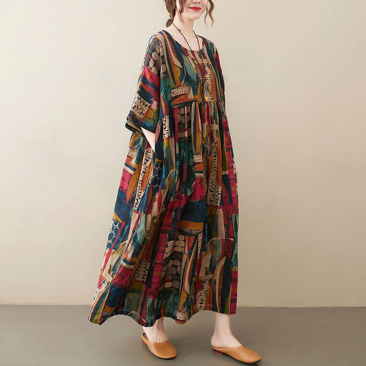 Vestito midi con grafica colorata Buddha Stones , tunica in cotone a mezza manica con tasche - Colore (solo abito) (Busto 142 cm/Orlo 130 cm/Lunghezza 120 cm) - image 0