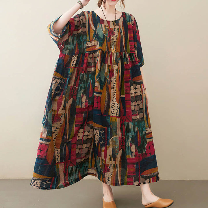 Vestito midi con grafica colorata Buddha Stones , tunica in cotone a mezza manica con tasche - image 8