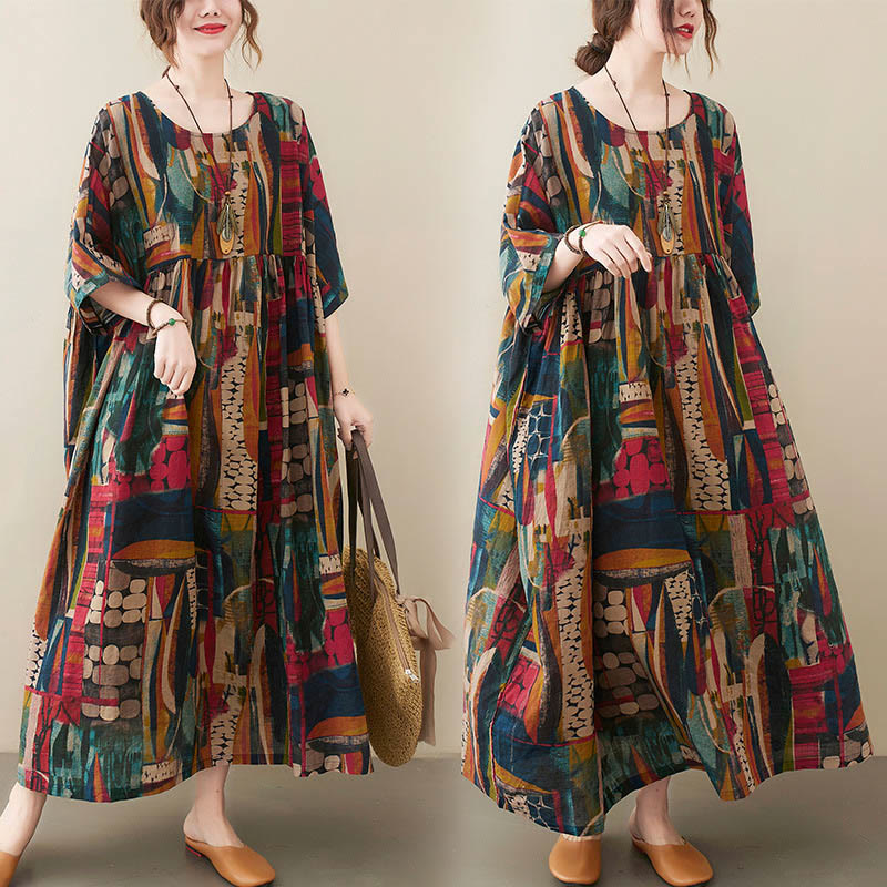 Vestito midi con grafica colorata Buddha Stones , tunica in cotone a mezza manica con tasche - image 6