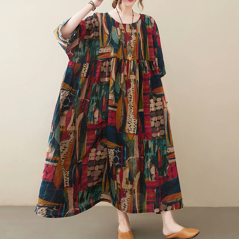 Vestito midi con grafica colorata Buddha Stones , tunica in cotone a mezza manica con tasche - image 8
