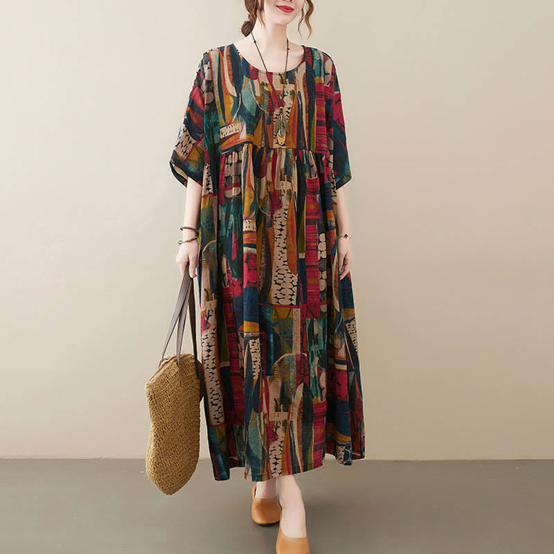 Vestito midi con grafica colorata Buddha Stones , tunica in cotone a mezza manica con tasche - image 2