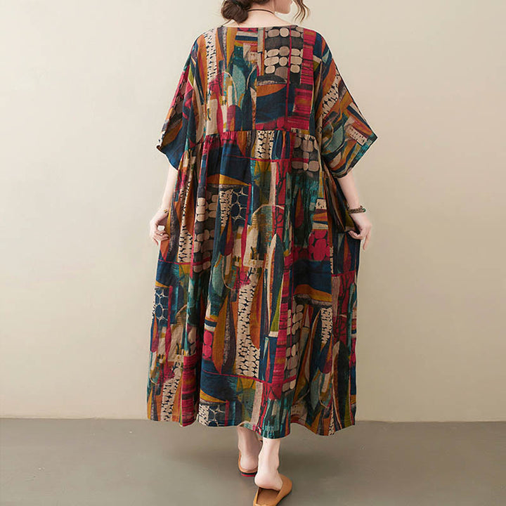 Vestito midi con grafica colorata Buddha Stones , tunica in cotone a mezza manica con tasche - image 4