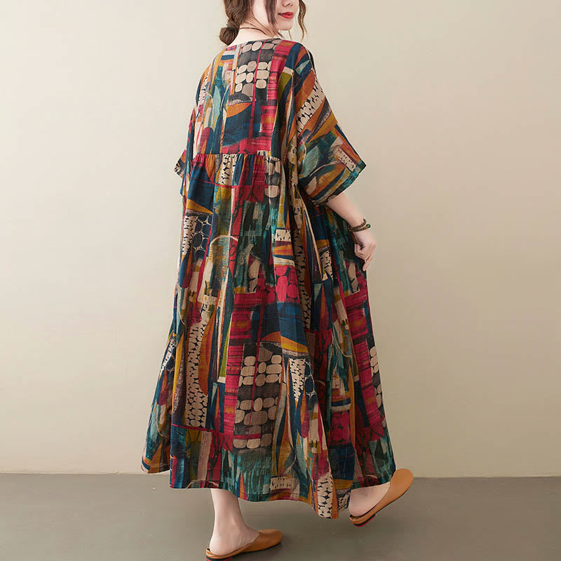 Vestito midi con grafica colorata Buddha Stones , tunica in cotone a mezza manica con tasche - image 5