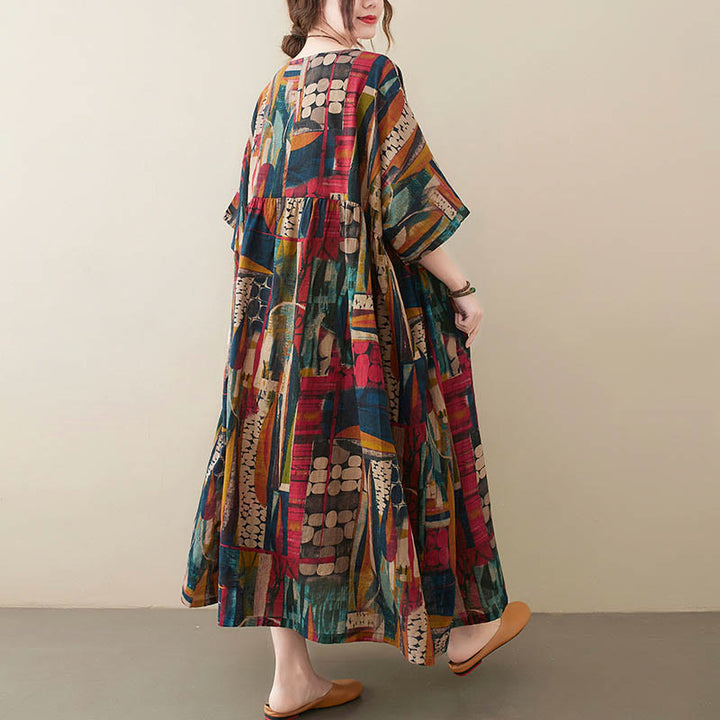 Vestito midi con grafica colorata Buddha Stones , tunica in cotone a mezza manica con tasche - image 5