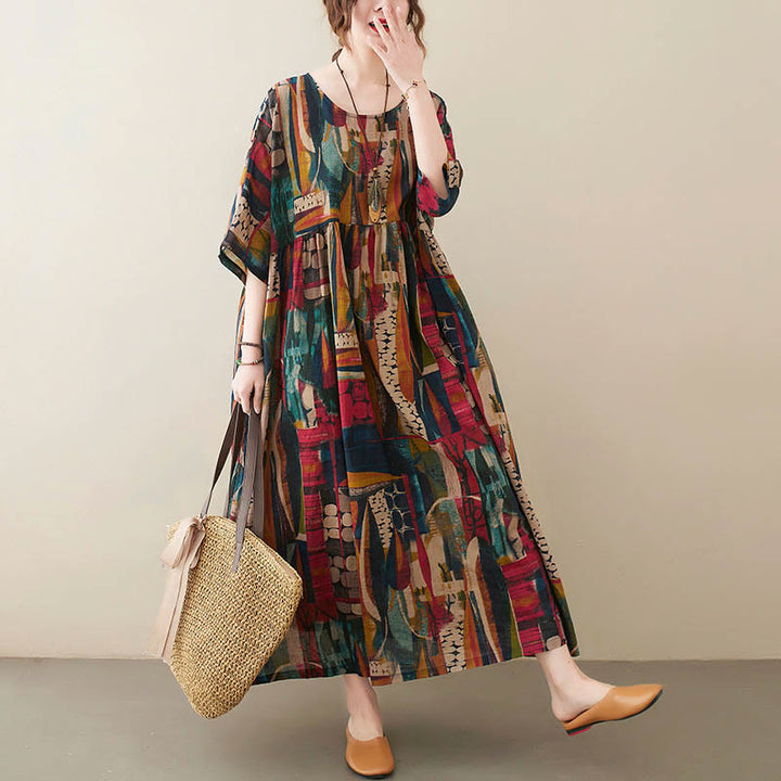 Vestito midi con grafica colorata Buddha Stones , tunica in cotone a mezza manica con tasche - image 7