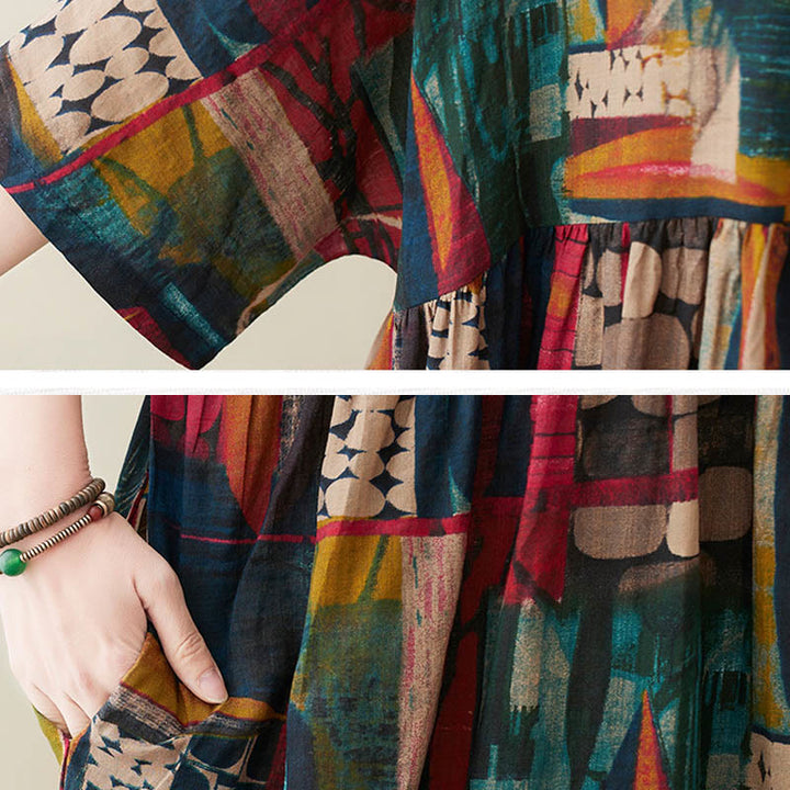 Vestito midi con grafica colorata Buddha Stones , tunica in cotone a mezza manica con tasche - image 10