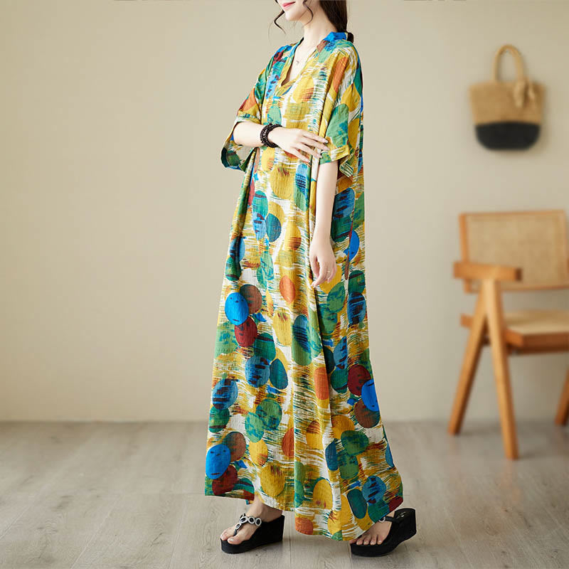 Abito midi in cotone con maniche a mezza manica e tasche, con pois colorati blu e arancioni, Buddha Stones - image 1