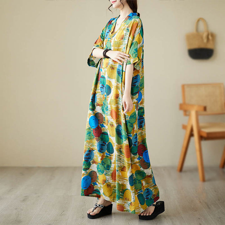 Abito midi in cotone con maniche a mezza manica e tasche, con pois colorati blu e arancioni, Buddha Stones - image 1