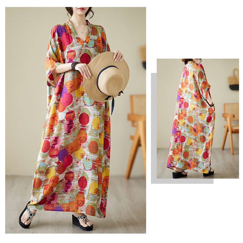 Abito midi in cotone con maniche a mezza manica e tasche, con pois colorati blu e arancioni, Buddha Stones - image 13