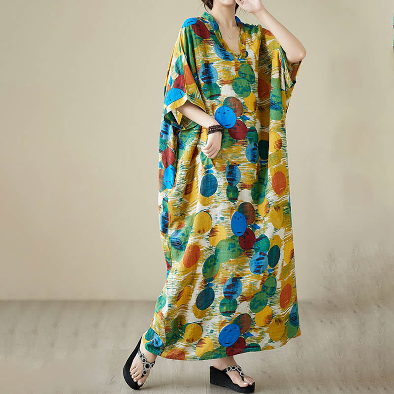 Abito midi in cotone con maniche a mezza manica e tasche, con pois colorati blu e arancioni, Buddha Stones - image 3