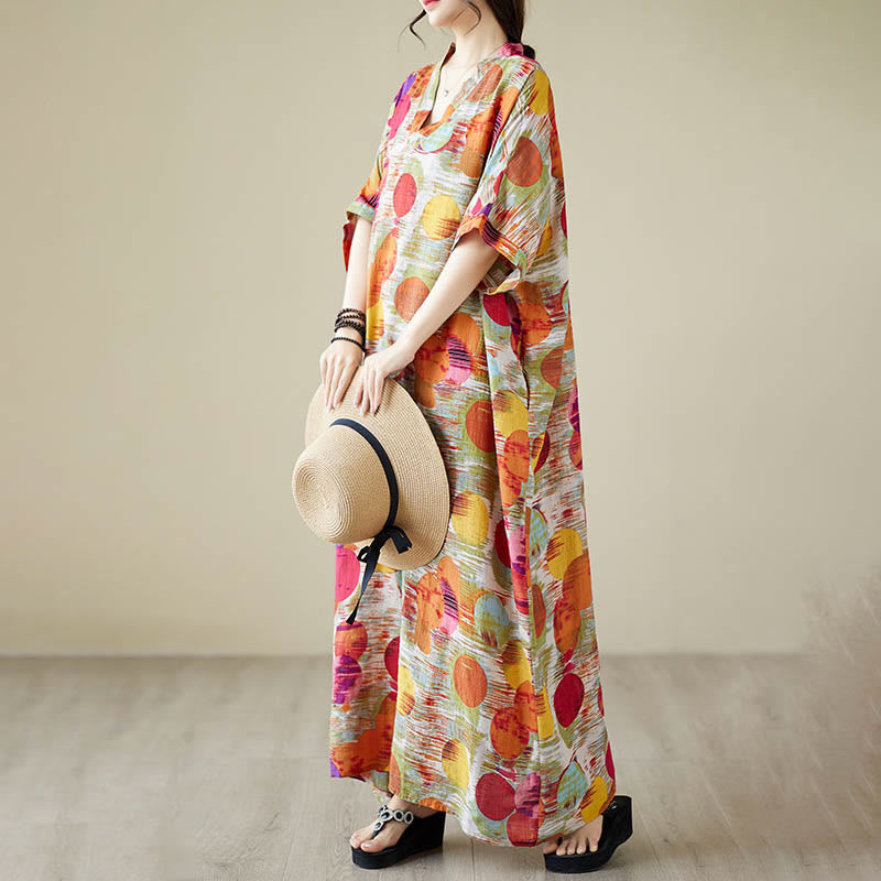 Abito midi in cotone con maniche a mezza manica e tasche, con pois colorati blu e arancioni, Buddha Stones - image 11