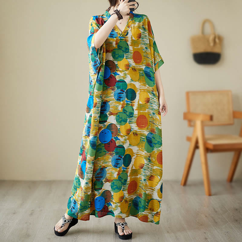 Abito midi in cotone con maniche a mezza manica e tasche, con pois colorati blu e arancioni, Buddha Stones - image 4