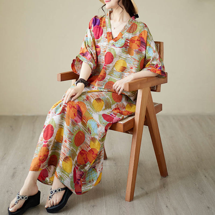 Abito midi in cotone con maniche a mezza manica e tasche, con pois colorati blu e arancioni, Buddha Stones - image 10