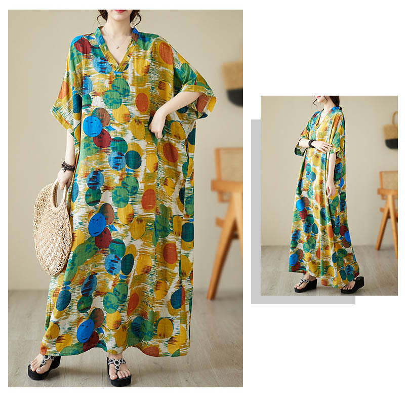 Abito midi in cotone con maniche a mezza manica e tasche, con pois colorati blu e arancioni, Buddha Stones - image 7