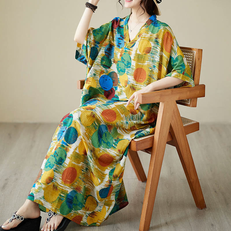 Abito midi in cotone con maniche a mezza manica e tasche, con pois colorati blu e arancioni, Buddha Stones - image 6