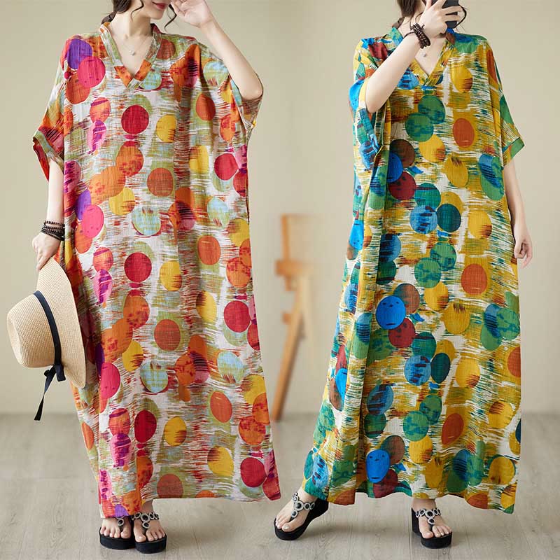 Abito midi in cotone con maniche a mezza manica e tasche, con pois colorati blu e arancioni, Buddha Stones - image 8