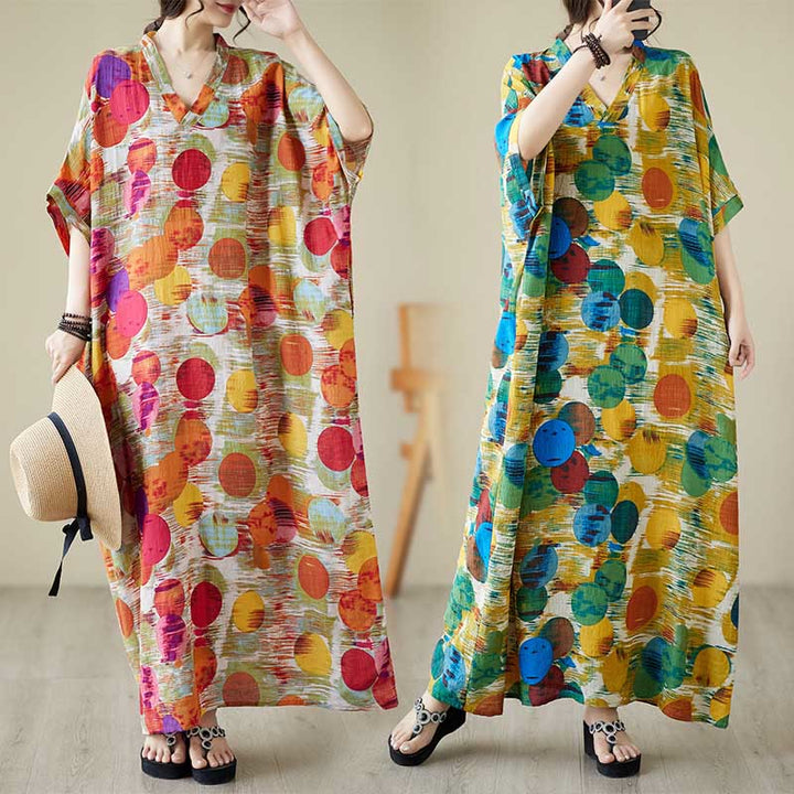 Abito midi in cotone con maniche a mezza manica e tasche, con pois colorati blu e arancioni, Buddha Stones - image 8