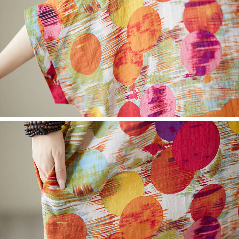 Abito midi in cotone con maniche a mezza manica e tasche, con pois colorati blu e arancioni, Buddha Stones - image 16